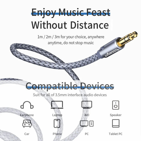 ខ្សែបន្ថែមកាស Essager Jack 3.5mm Audio Aux Cable 3.5 mm Female Splitter Speaker Extender Cord សម្រាប់អាដាប់ទ័រកាសស្តាប់ត្រចៀក