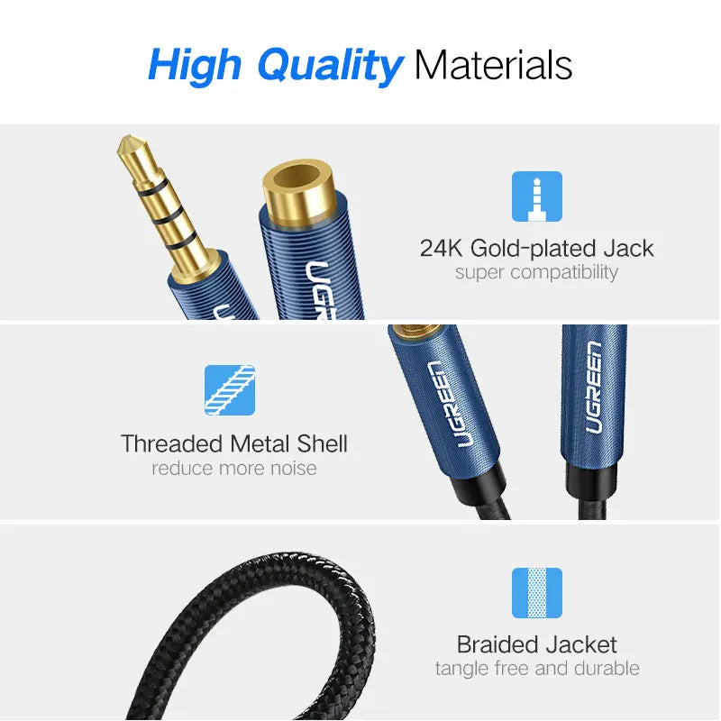 UGREEN Jack 3.5 mm Audio Extension Cable for Huawei P20 lite Stereo 3.5mm Jack Aux Cable for Headphones Xiaomi Redmi 5 plus PC