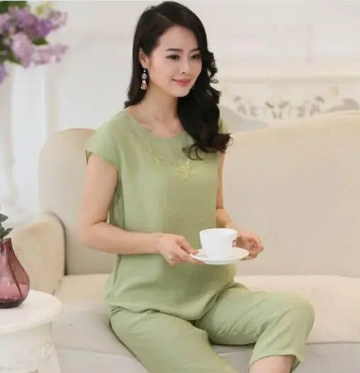 ឈុតគេងសម្រាប់នារី ឈុតគេងរដូវក្ដៅ កប្បាស និងក្រណាត់ទេសឯក ធម្មតា ទំហំធំ អាវផាយ៉ាម៉ា ឆើតឆាយ XL XXL 3XL 4XL