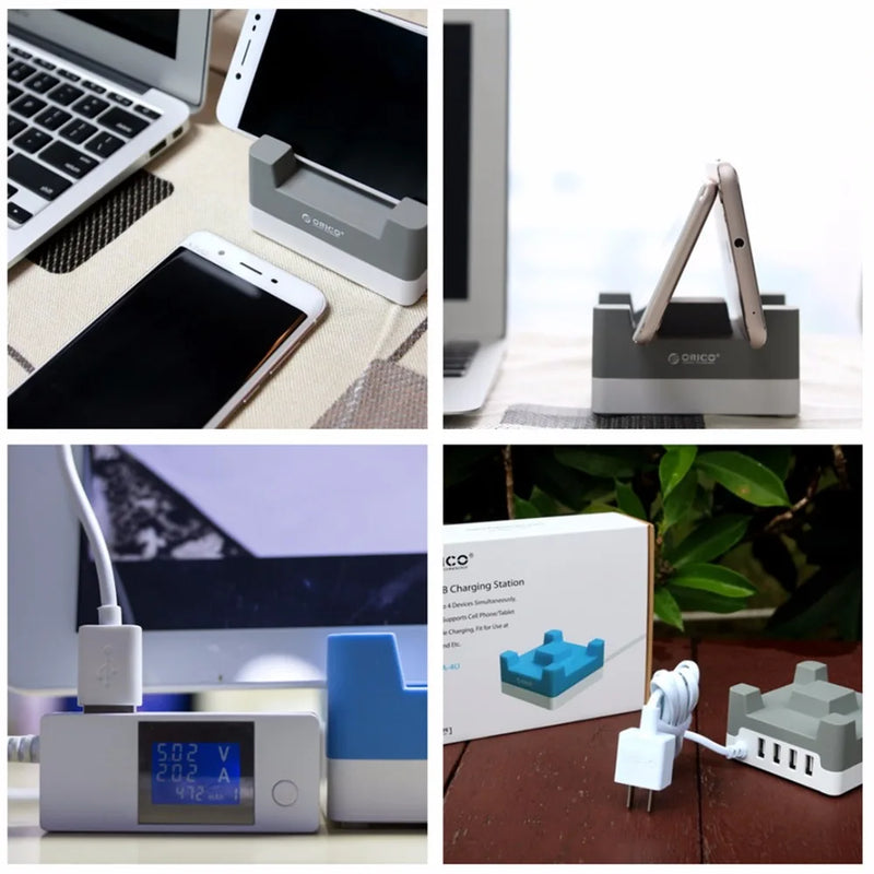 ORICO 4 USB Ports Desktop Charger 20W 2.4A Max Adapter with Phone Tablet Holder Charging for iPhone Samsung Xiaomi Huawei Htc