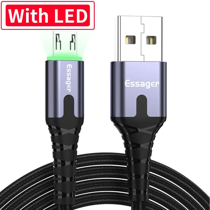 ខ្សែសាក Essager LED Micro USB សម្រាប់ Xiaomi Samsung Android 3A ខ្សែសាកទិន្នន័យលឿន MicroUSB ឆ្នាំងសាកទូរស័ព្ទចល័ត 2M 3M
