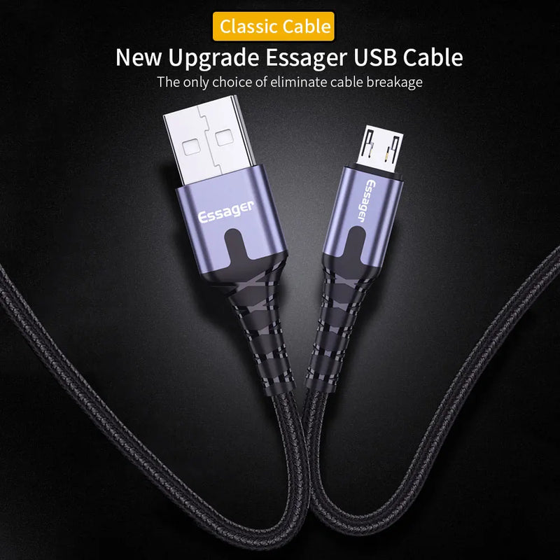 ខ្សែសាក Essager LED Micro USB សម្រាប់ Xiaomi Samsung Android 3A ខ្សែសាកទិន្នន័យលឿន MicroUSB ឆ្នាំងសាកទូរស័ព្ទចល័ត 2M 3M