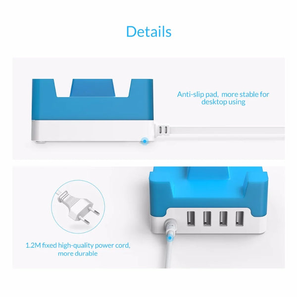 ORICO 4 USB Ports Desktop Charger 20W 2.4A Max Adapter with Phone Tablet Holder Charging for iPhone Samsung Xiaomi Huawei Htc