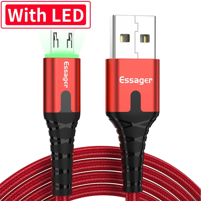 ខ្សែសាក Essager LED Micro USB សម្រាប់ Xiaomi Samsung Android 3A ខ្សែសាកទិន្នន័យលឿន MicroUSB ឆ្នាំងសាកទូរស័ព្ទចល័ត 2M 3M