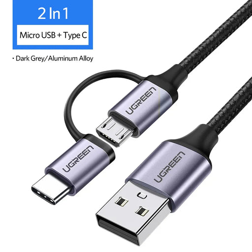 Ugreen USB Type C Cable for Samsung Galaxy S10 S9 Plus 2 in 1 Fast Charging Micro USB Cable for Xiaomi Tablet Android USB Cable 2 in 1 Nylon Grey CHINA