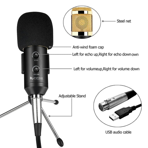 FIFINE Condenser Microphone with Tripod Stand Microphone Clip USB Socket suit for PC Macbook for Online Teaching Chatting k058
