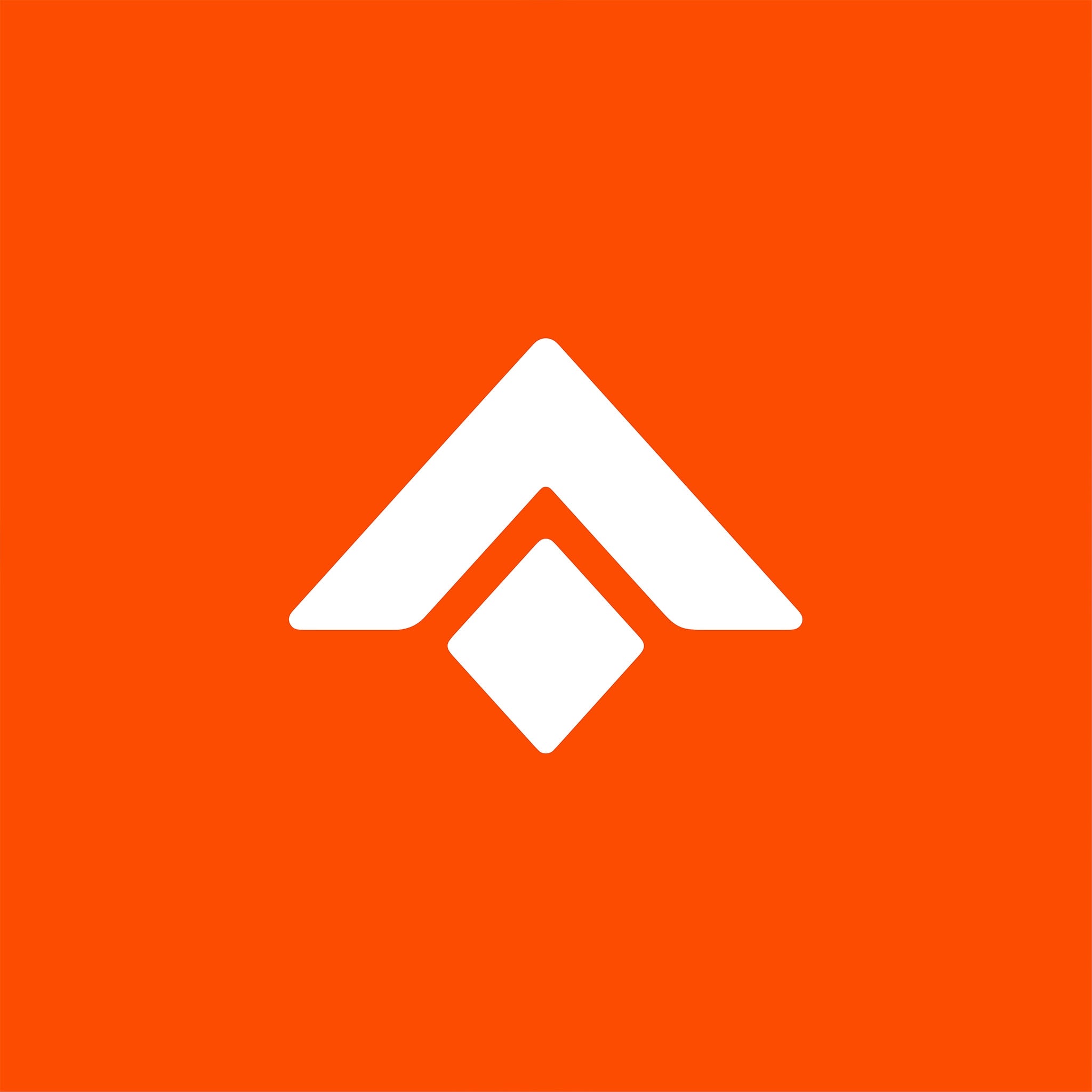 White geometric logo on an orange background