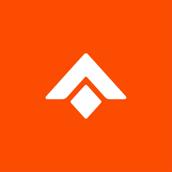White geometric logo on an orange background