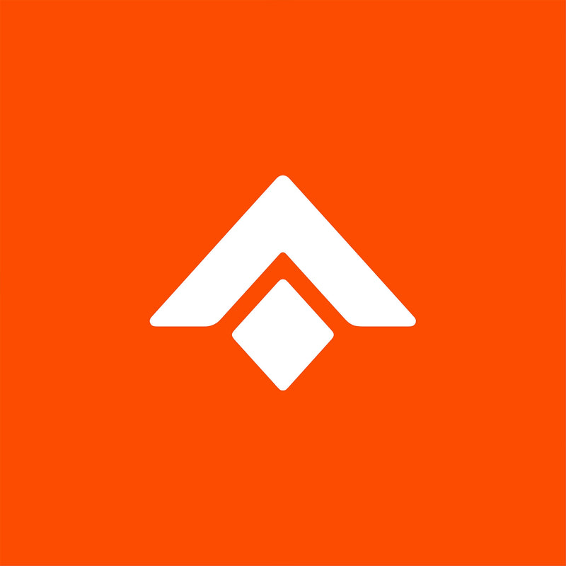 White geometric logo on an orange background