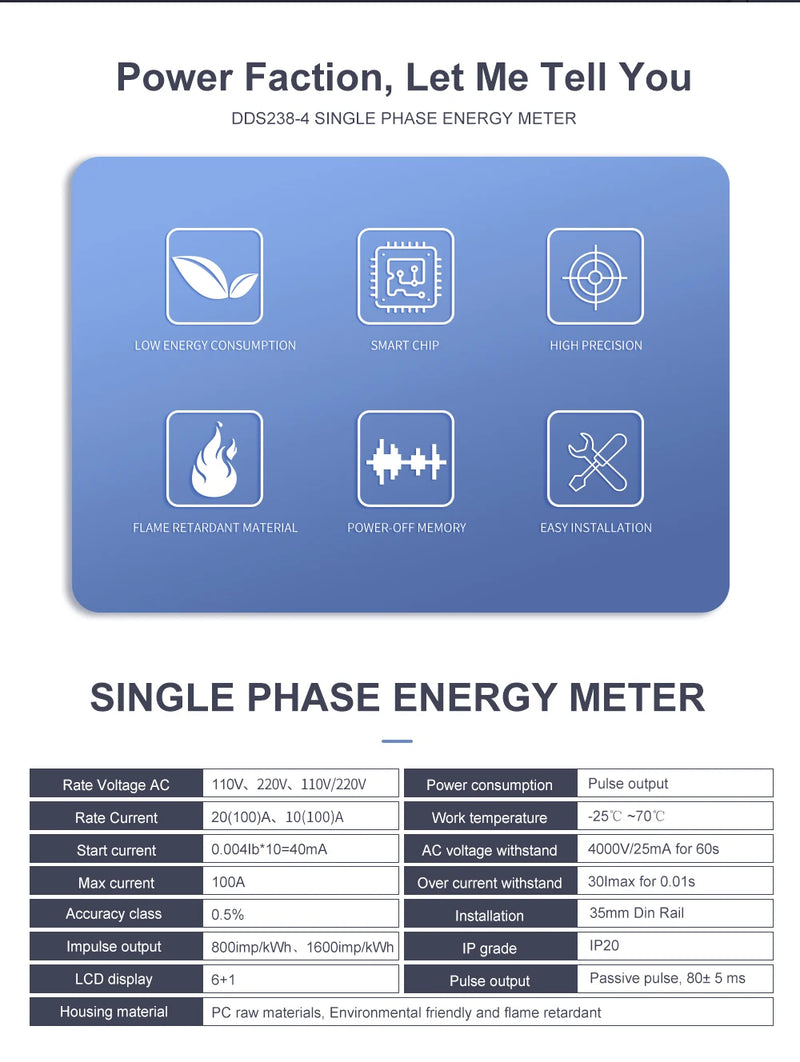 TOMZN 100A 110V 220V 50-60HZ LCD Single Phase 2 Wire 3 Wire Din-rail kWh Watt Hour Energy Meter for America