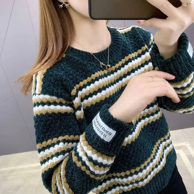 Fdfklak Stitching Color Winter Sweater Women Thick Spring Autumn 2026 New Student O Neck Pullover Korean Loose Tops Jersey Mujer