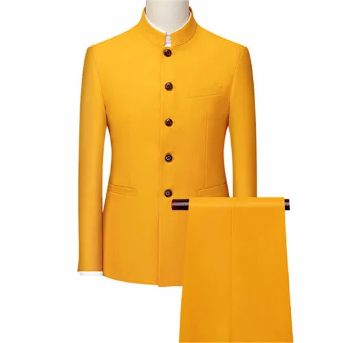 Men's White Stand Collar Chinese Style Slim Fit Two Piece Suit Set / Men Zhong Shan Blazer Jacket Coat Pants Trousers 2 Pcs 7XL