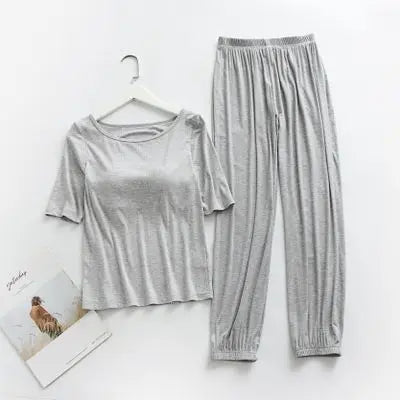 Casual Thread Modal Women's Sleepwear Home Suit Chest Pad Pajamas Set Half Sleeve Lantern Pant Two piece Cotton Pyjamas Women