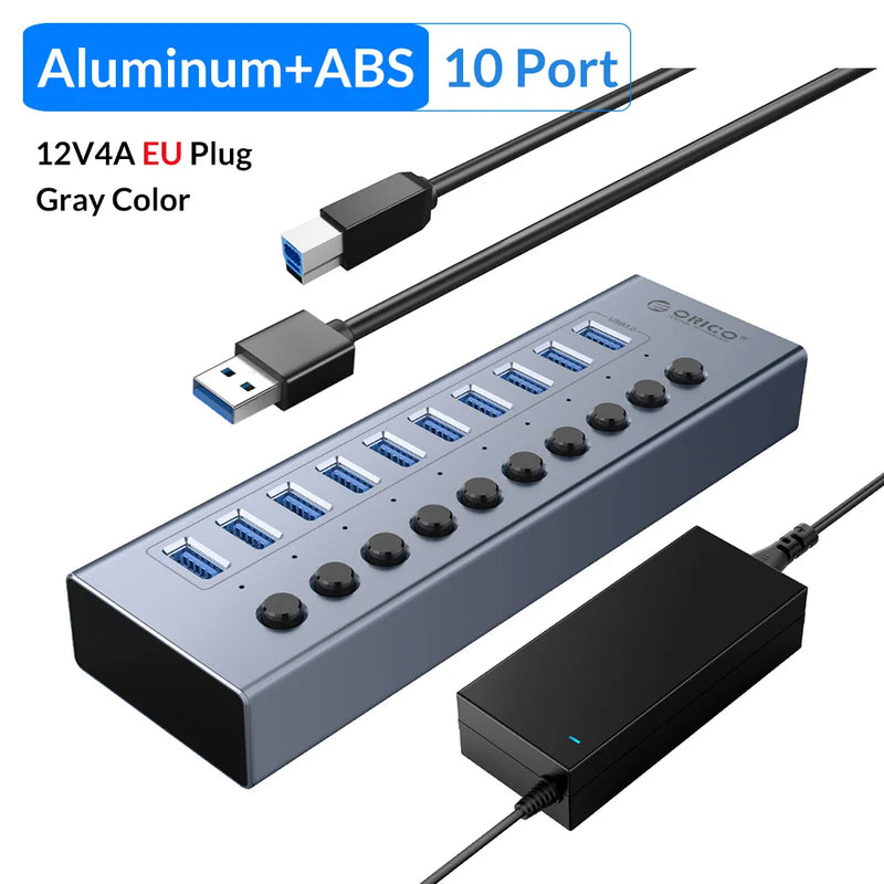 ORICO Powered USB 3.0 HUB 7/10/13/16 Ports USB Extension with On/Off Switches 12V Power Adapter Support BC1.2 Charging Splitter