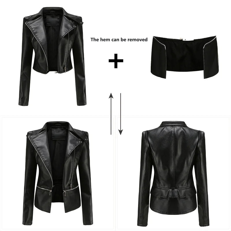2026 New Women Black Faux Leather Jacket, Casual Zipper Decoration Biker Coat, Female Casual Solid Short Outwear S-3XL