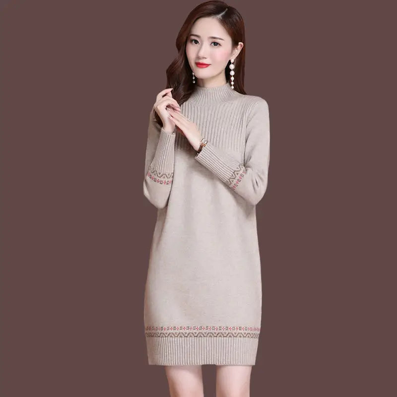 Fdfklak Warm Woolen Sweater Dress Women's Fall/Winter Long Sweater Thicken Half High Neck Knitted Bottoming Shirt Pull Femme