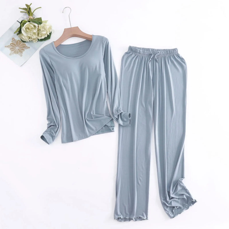 Modal Pajamas Sets Women Casual Bra Pad Sleepwear Suits Spring Autumn Long-Sleeved Home Clothing Winter Ladies Pyjama Lingeries