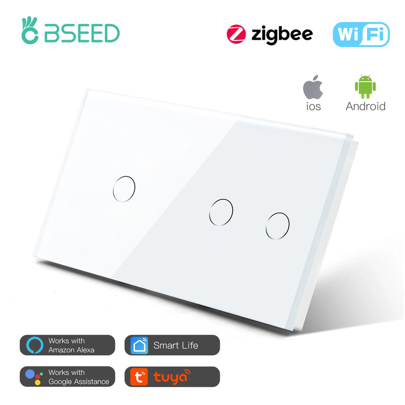 BSEED Zigbee Light Switches Double Smart Switch Touch Sensor Switch No Neutral Tuya Smart Life Alexa Control Home Improvement