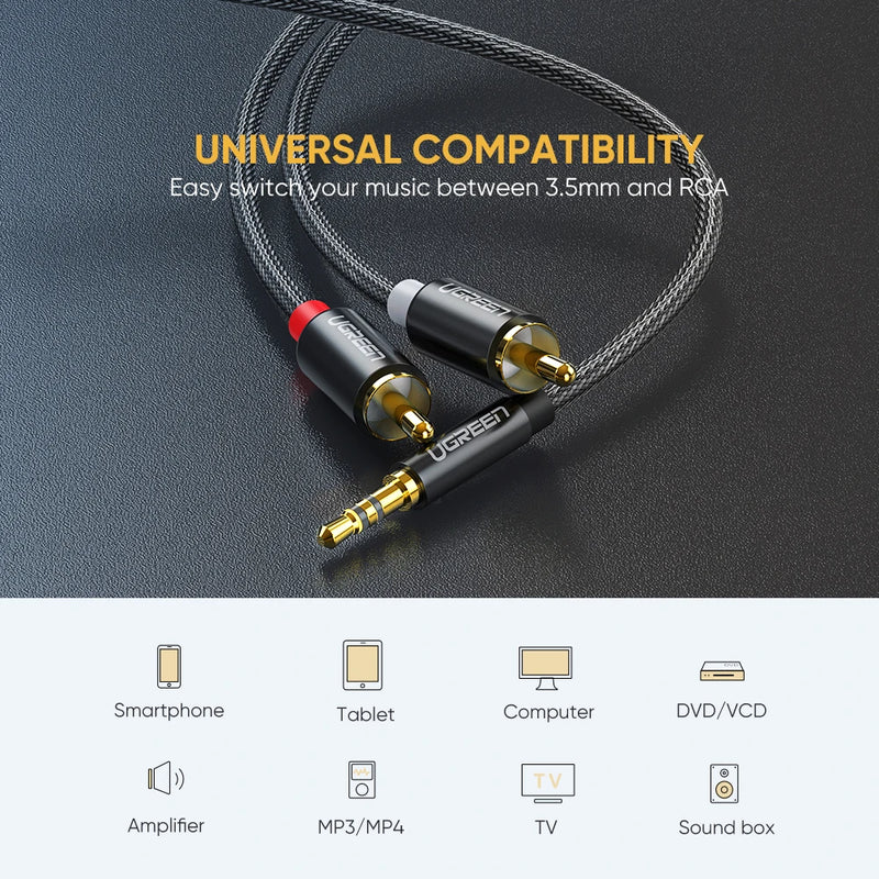 Ugreen RCA Cable HiFi Stereo 2RCA to 3.5mm Audio Cable AUX RCA Jack 3.5 Y Splitter for Amplifiers Audio Home Theater Cable RCA