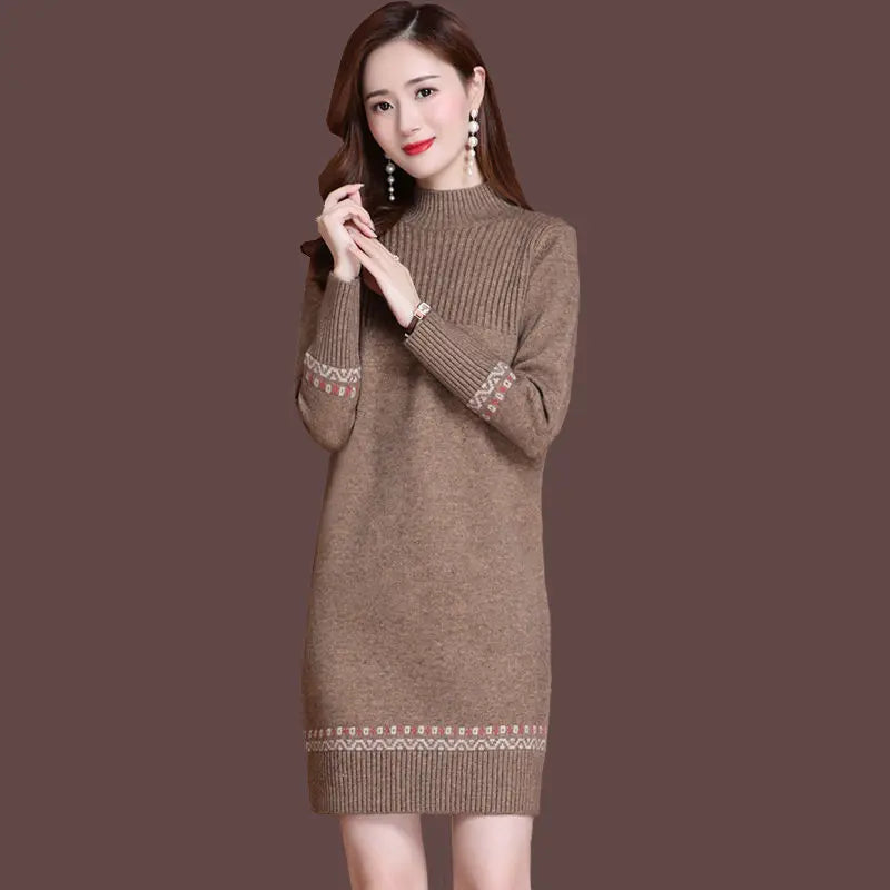 Fdfklak Warm Woolen Sweater Dress Women's Fall/Winter Long Sweater Thicken Half High Neck Knitted Bottoming Shirt Pull Femme