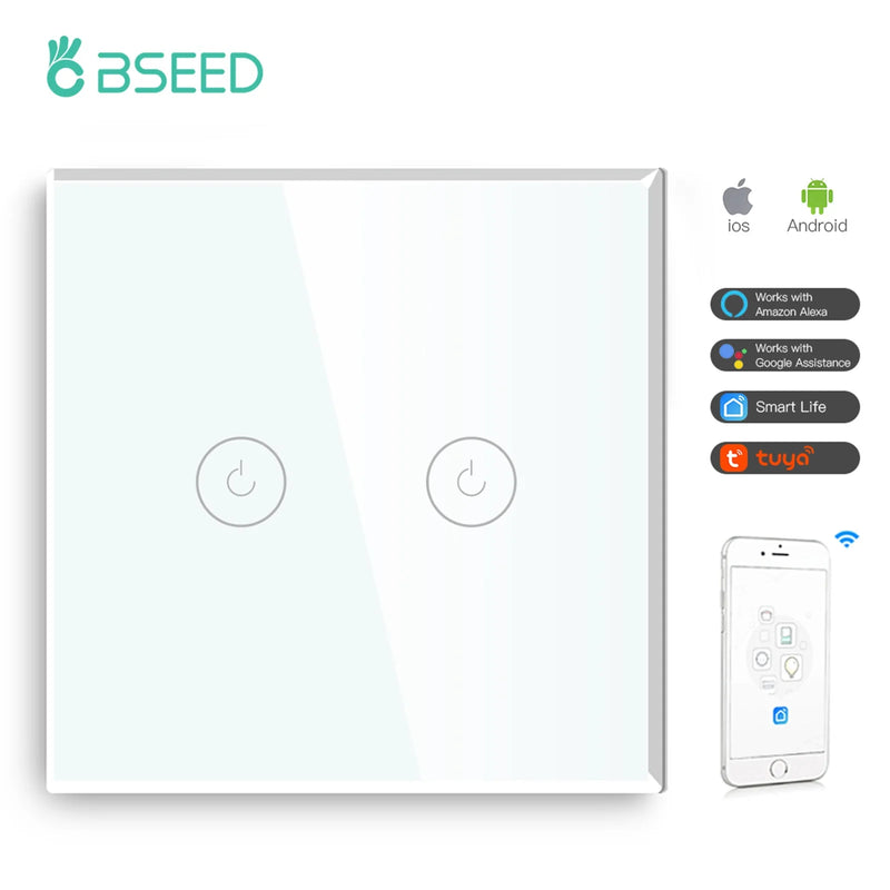 BSEED WIFI Wall Switches Smart Touch Screen LED Light Switches 1/2/3Gang 1/2/3Way Google Alexa App Power Switches Neutral Wire