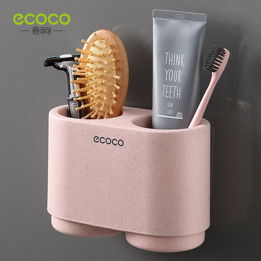 ECOCO Wall-mount Toothbrush Holder Tooth Cup Toothpaste Toothbrush Rack Bathroom Accessories Mouthwash Cup Set for Couples Pink