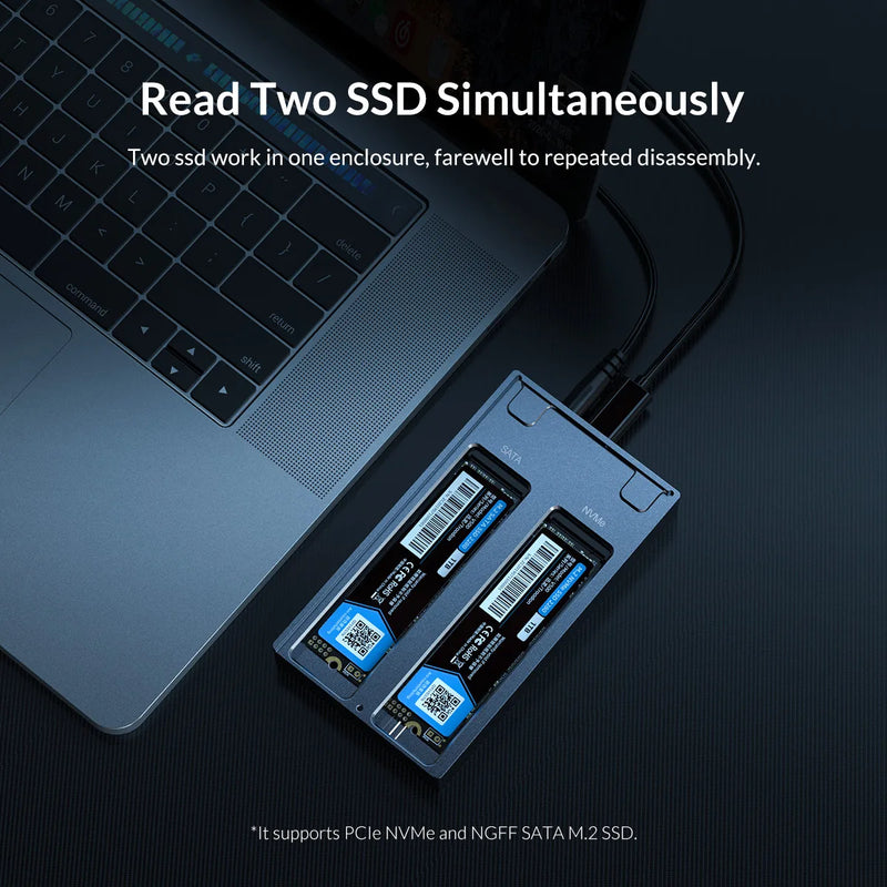 ORICO Dual Bay Dual Protocol M2 SSD Case Support M.2 NVME NGFF SATA SSD Disk For M Key & B+M Key SSD W/ 5V4A Power Adapter