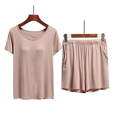 Summer Modal Cotton Pajamas Women Chest Pad Short Sleeve Shorts Set Female Home Clothes Sleepwear Pants Suit Pijama Mujer 3XL