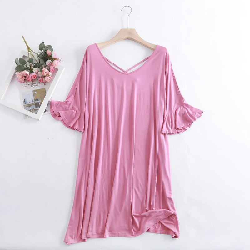 New Nightgowns Women Loose Modal Summer Dress Beautiful Back Flared Sleeves Sexy Nightshirt Large Size Ladie's Nightdress