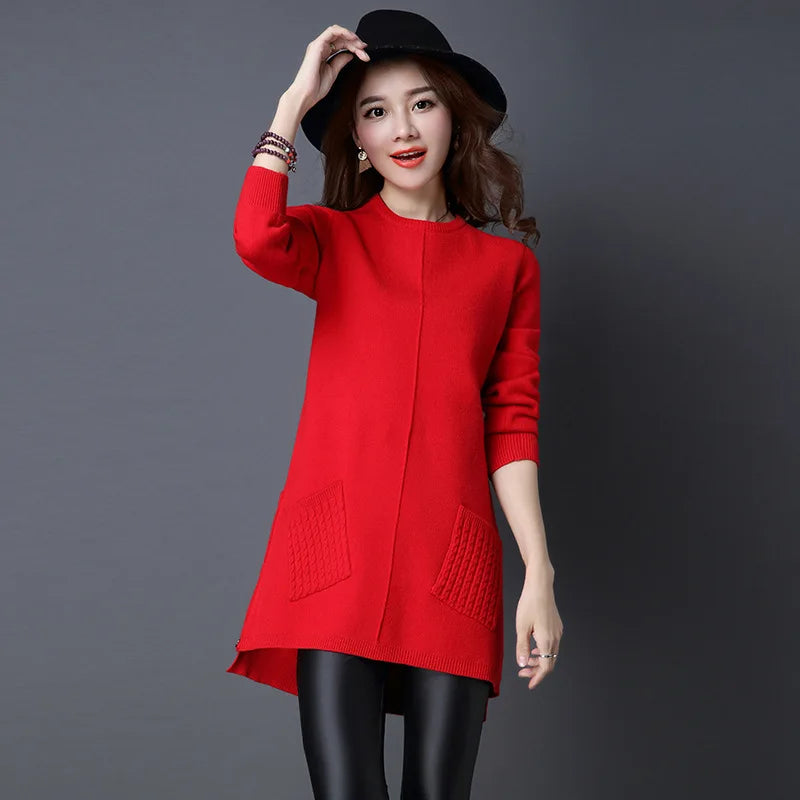 Fdfklak Autumn Winter Sweater New Women's Solid Color Loose Pullover Tops Long-Sleeved Pocket Knit Sweaters Dress Pull Femme 3XL