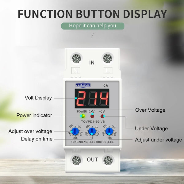TOMZN LED Display 230V 40A 60A DIN Rail Adjustable Over Under Voltage Current Protective Device Protector Relay with Button