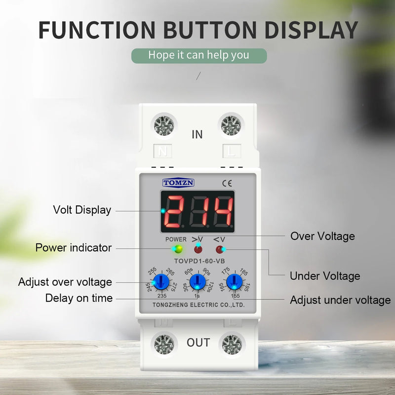 TOMZN LED Display 230V 40A 60A DIN Rail Adjustable Over Under Voltage Current Protective Device Protector Relay with Button