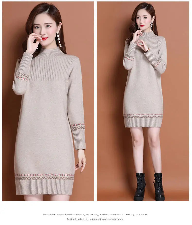 Fdfklak Warm Woolen Sweater Dress Women's Fall/Winter Long Sweater Thicken Half High Neck Knitted Bottoming Shirt Pull Femme
