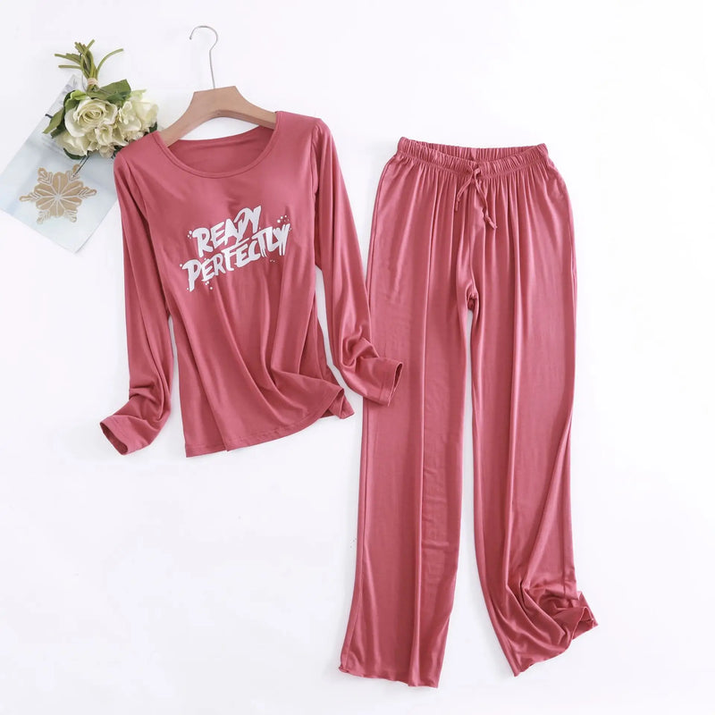 Spring Ladie's Modal Pajamas Sleepwear Set Letter Print Women Pajama 2 Piece Suit Full Sleeves Shirt Pant Lingerie Homewear