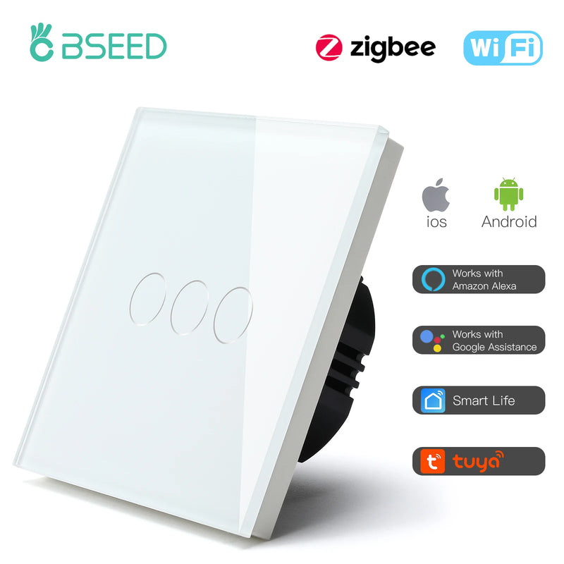 BSEED Zigbee Smart Light Switch 1/2/3Gang Wall Touch Switch Smart Life Google Alexa Tuya App Control No Neutral Wire Required