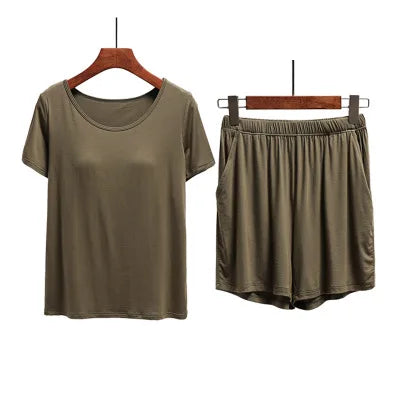 Summer Modal Cotton Pajamas Women Chest Pad Short Sleeve Shorts Set Female Home Clothes Sleepwear Pants Suit Pijama Mujer 3XL