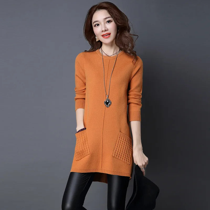Fdfklak Autumn Winter Sweater New Women's Solid Color Loose Pullover Tops Long-Sleeved Pocket Knit Sweaters Dress Pull Femme 3XL