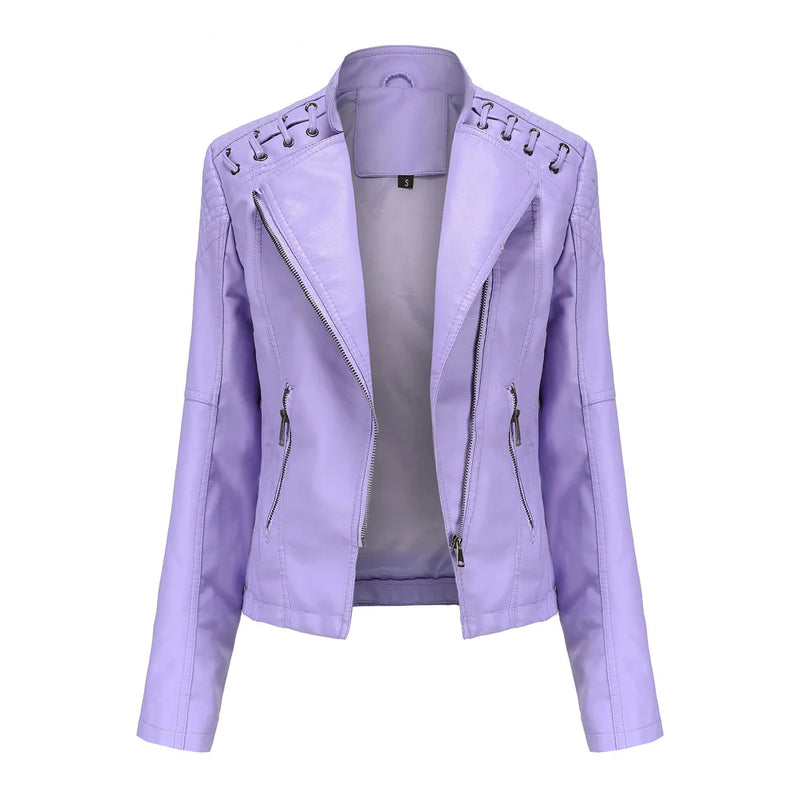 Short Brown Women's Purple Long Sleeve PU Coat, Fashion Motorcycle Women Leather Jacket, Autumn Black Lady's Jaqueta
