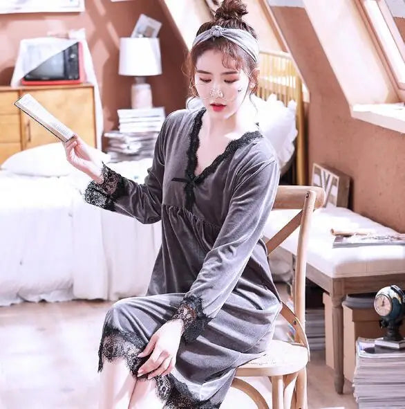 Sexy Lace Casual V-Neck Autumn Night Dress Women Gold Velvet Warm Spring Nightgowns Long Sleeve Loose Sleepwear Home Clothes