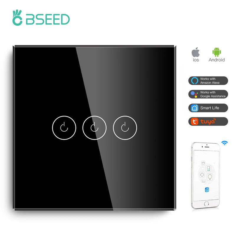 BSEED WIFI Wall Switches Smart Touch Screen LED Light Switches 1/2/3Gang 1/2/3Way Google Alexa App Power Switches Neutral Wire