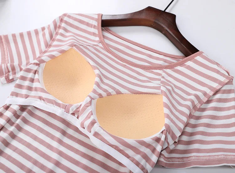 Casual Home Clothes Bra Padded Women's Sleep Tops Large Size Modal Cotton Sleepwear Pajamas One Piece Ladie's Base Shirt M-2XL