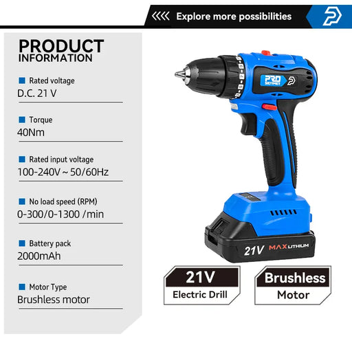 40NM Brushless Mini Electric Drill Screwdriver Cordless 21V 2000mAh Battery Electric Screwdriver 5 Bits By PROSTORMER