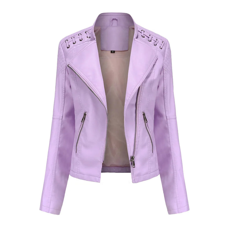 Short Brown Women's Purple Long Sleeve PU Coat, Fashion Motorcycle Women Leather Jacket, Autumn Black Lady's Jaqueta