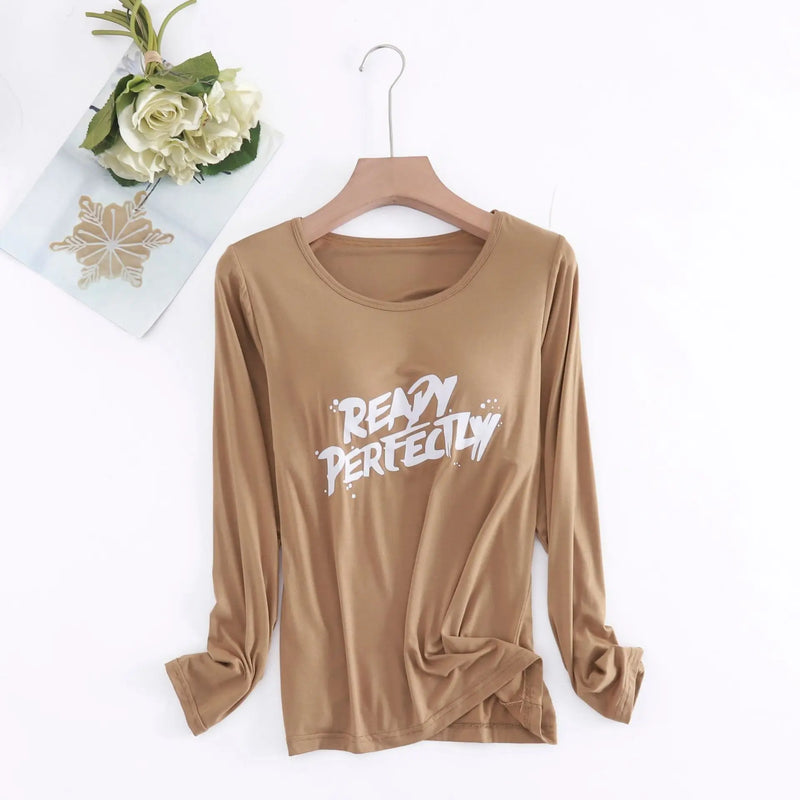 Spring Autumn Comfortable Sleepwear Women Shirt Casual Letter Print Sleep Tops Bra Padded Modal One Piece Pajamas Female