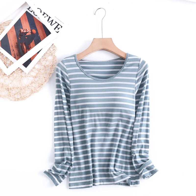 Fdfklak Casual Bra Padded Women Sleep Tops Large Size Modal Cotton Sleepwear Pajamas One Piece Long Sleeve Ladie's Base Shirt