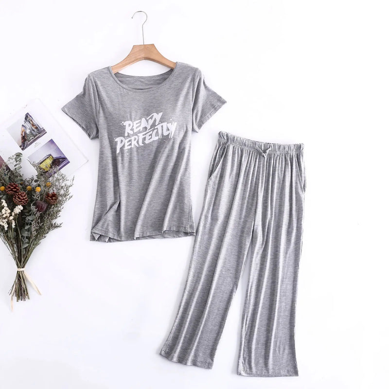 Letter Print Modal Suit Female Short Sleeve Cropped Pant Pajamas For Women Spring Summer Sleepwear Bra Padded Cotton Home Set