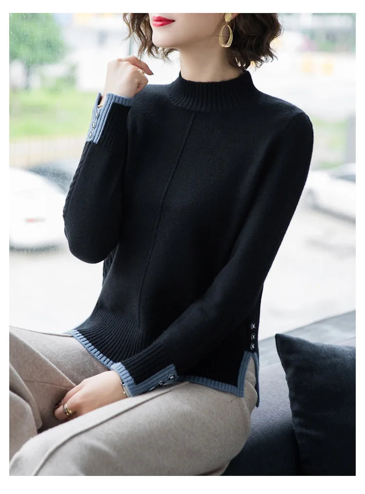 New Korean Women Base Sweater Loose Contrast Color Ladies Half High Neck Split Autumn Winter Pullover Sweaters Pull Tops Femme