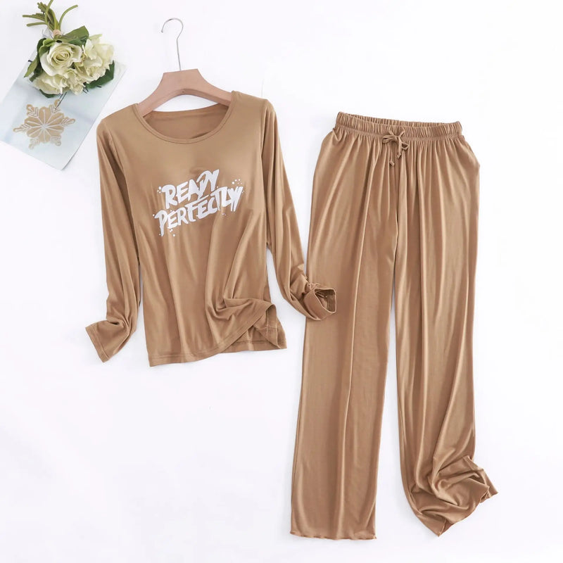 Spring Ladie's Modal Pajamas Sleepwear Set Letter Print Women Pajama 2 Piece Suit Full Sleeves Shirt Pant Lingerie Homewear