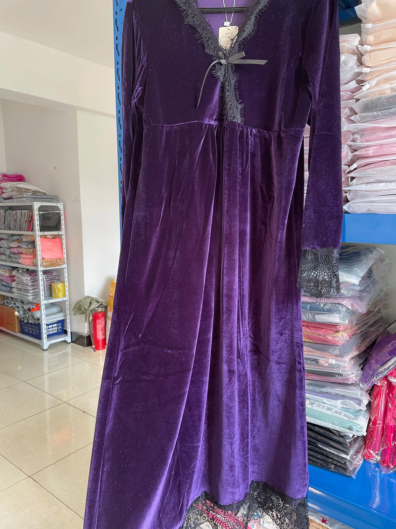 Sexy Lace Casual V-Neck Autumn Night Dress Women Gold Velvet Warm Spring Nightgowns Long Sleeve Loose Sleepwear Home Clothes