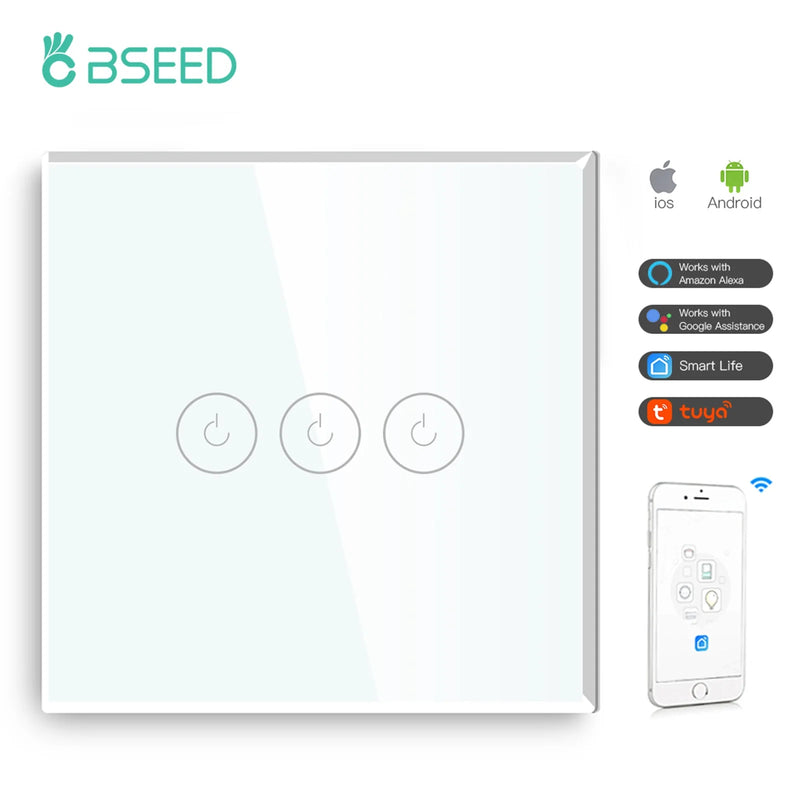 BSEED WIFI Wall Switches Smart Touch Screen LED Light Switches 1/2/3Gang 1/2/3Way Google Alexa App Power Switches Neutral Wire